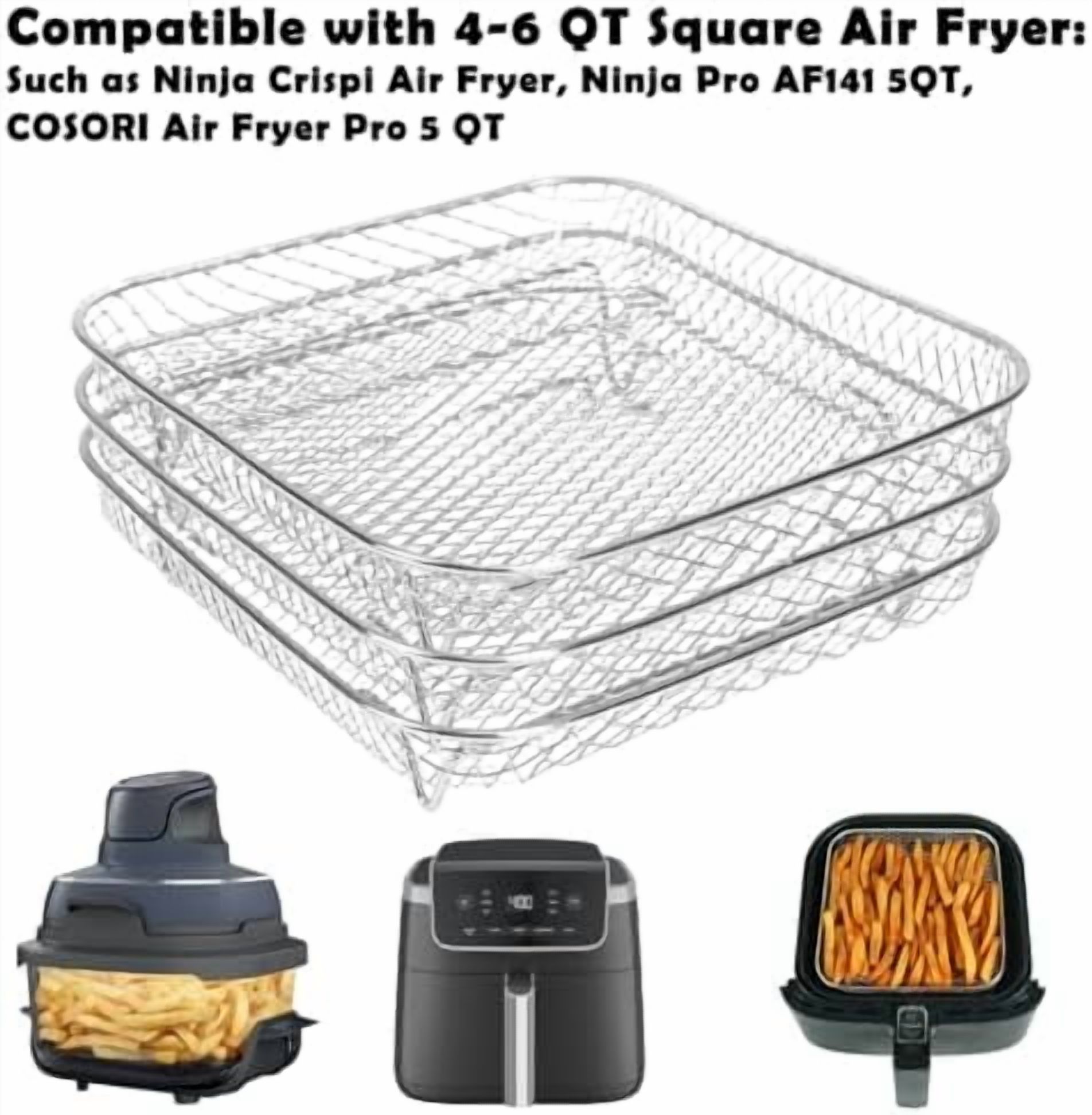 7 Inch Air Fryer Rack Fit for Ninja Crispi/Ninja Pro 5QT/ Cosori 5QT/ Chefman 5-6QT Airfryer &More, Air Fryer Accessories, 3pcs Stackable Stainless Steel Airfryer Basket with Silicon Feet