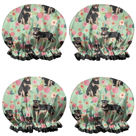 Shower Caps,Rottweiler with Pioneer Flower Waterproof Shower Cap for Women 4 Pieces,Double Reusable Hair Cover for Shower PEVA Elastic Stretch Hem