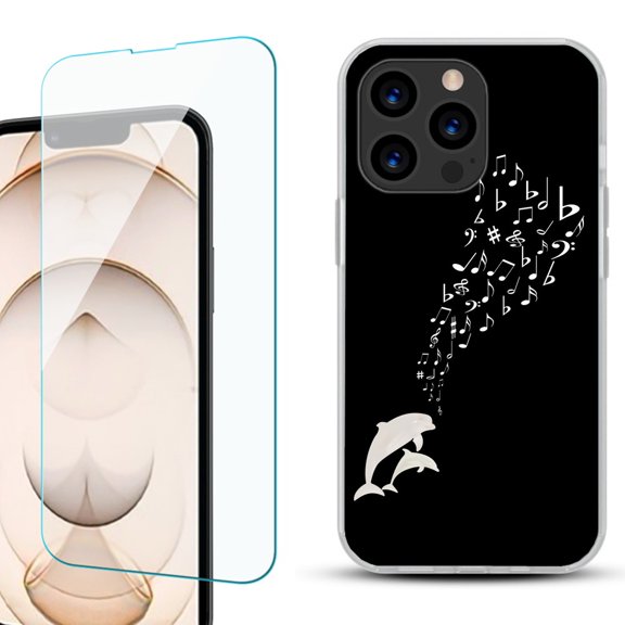 Slim-Fit Anti-Scratch Gel TPU Phone Case for iPhone 13 Pro, with Tempered Glass Screen Protector, by OneToughShield ® - Dolphin Music