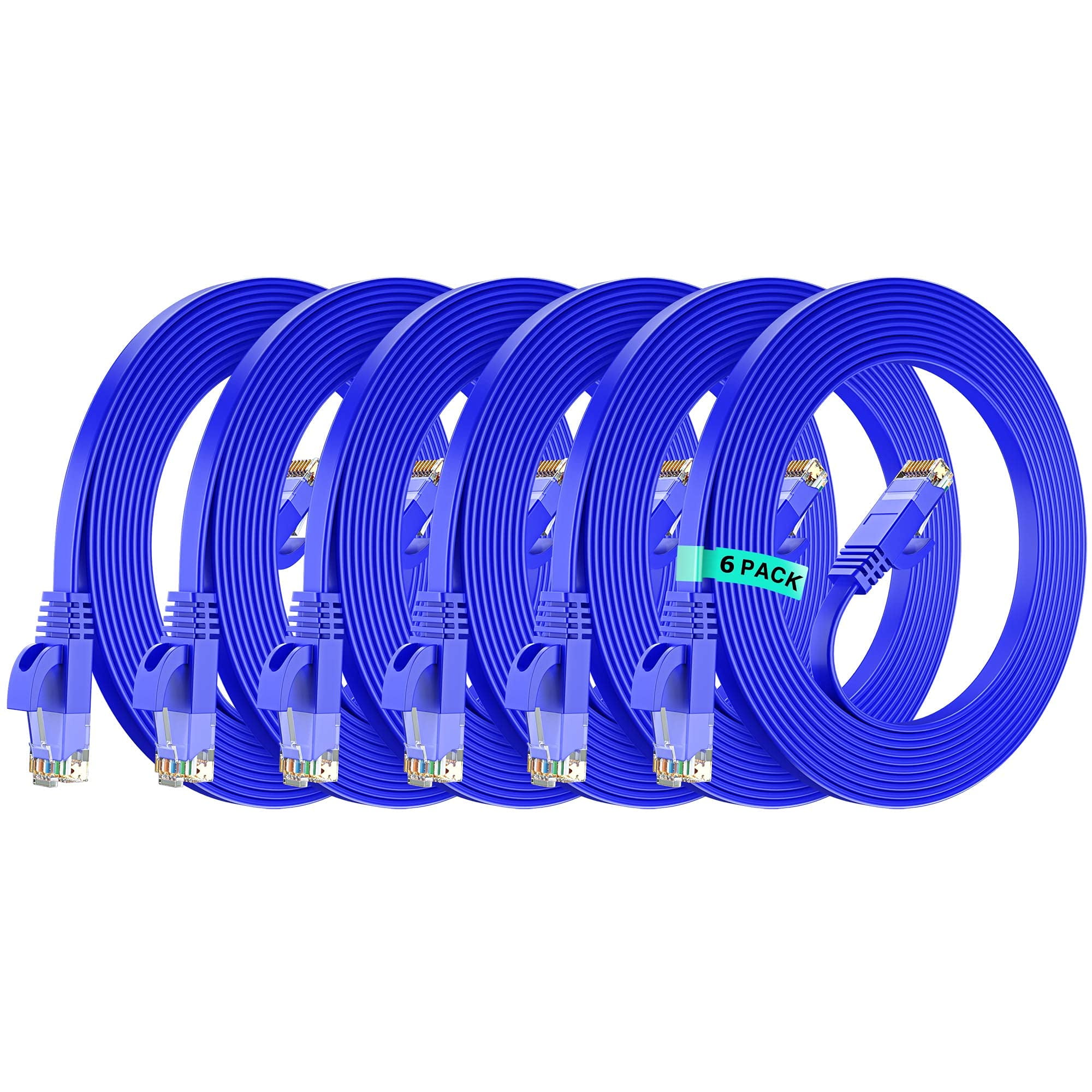 Cat 6 Cable 15 ft, Flat Wire, (6 Pack) Blue, Cat6 Cable, Thin