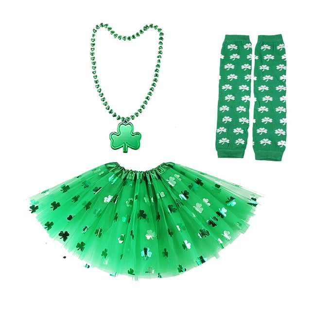 Fiudx Conjunto de Disfraz para El Día de San Patricio: Falda Tutú Verde con Lentejuelas de Trébol, Collar de Cuentas, Diadema con Lazo, Mangas Verdes, Accesorios para Festivales, Talla de Adulto, Con
