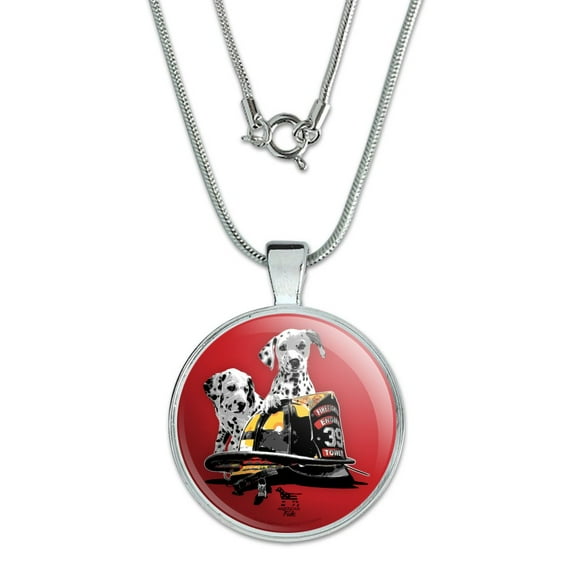 Dalmatian Dogs Firefighter Fire Helmet 1" Pendant with Sterling Silver Plated Chain