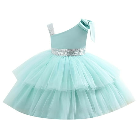 

XIEULQP Summer Dress Pageant Party Dress Long Princess Wedding Sloping Collar Sleeveless Double Mesh Skirt with Bow Shoulder A Line Dress for 1 to 8 Years Flower Girl Dress Mint Green