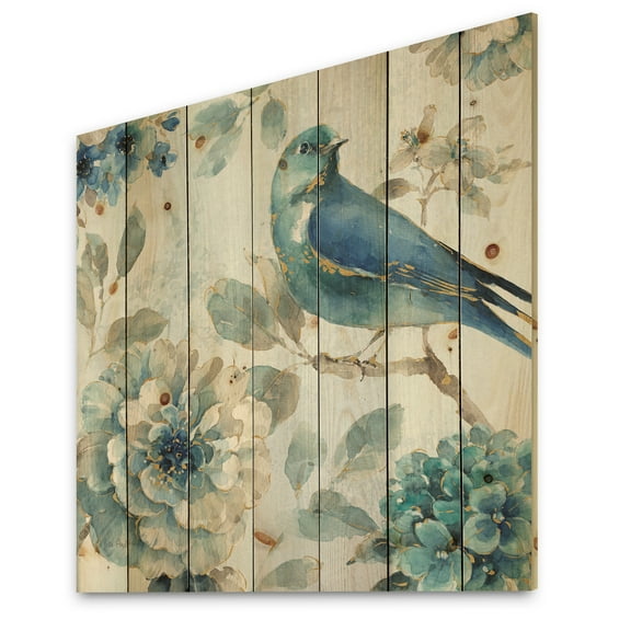 Designart 'Watercolor Indigold Lovely bird II' Farmhouse Print on Natural Pine Wood