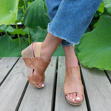 

Aueoeo Sandals women dressy summer wedge Fashion Womens Flat Open Toe Wedges Thick Bottom Elastic Band Shoe Roman Sandals
