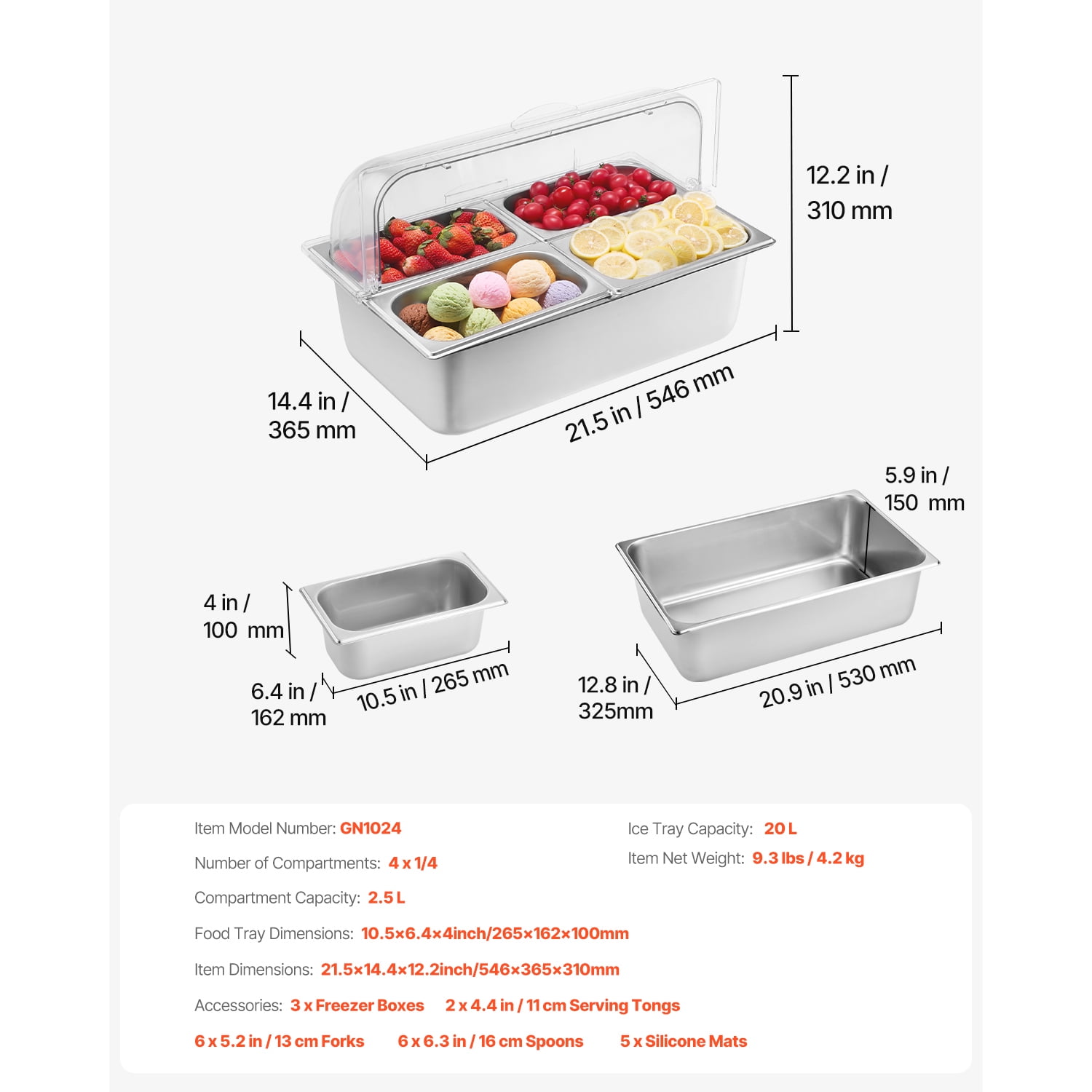 KFFKFF Tabletop Meal Presentation Storage Unit, Quad Compartment Metal Food Serving Platter, Cafeteria Garnish Distributor Stand with Transparent Cover & Trio of Cooling Bins