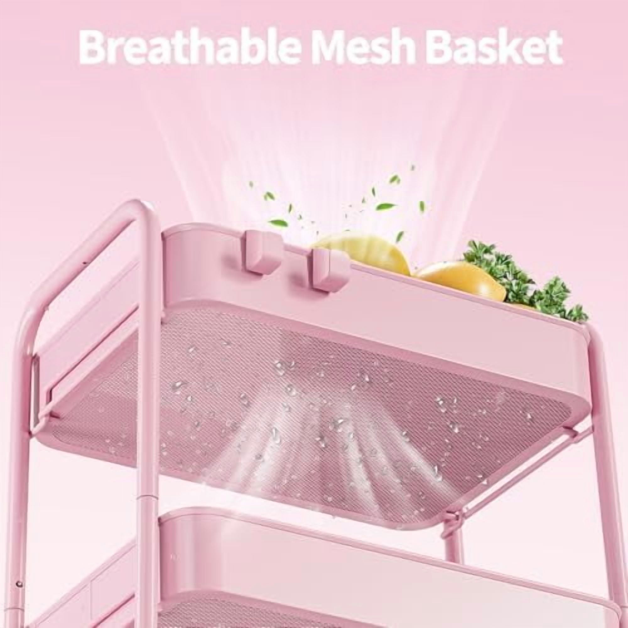 4-Tier Metal Rolling Cart with Wheels, Storage Utility Organizer Cart for Kitchen, Bathroom, Office, Baby Essentials & Makeup - Lockable Casters, Easy Assembly, Large Capacity, Pink