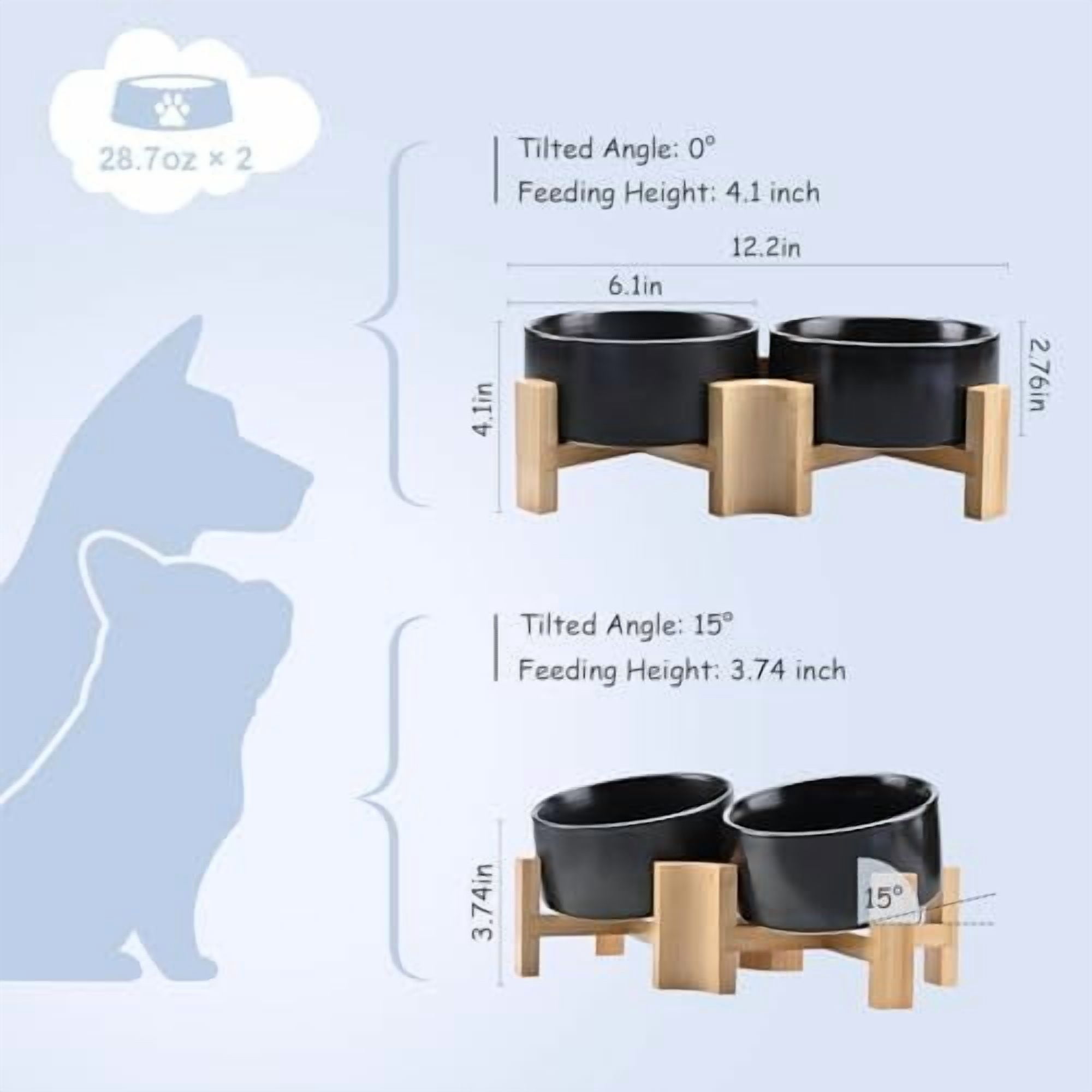15° Slanted Ceramic Dog and Cat Bowl with Wooden Stand, Tilted Bulldog Food and Water Bowl No Slip Non-Spill for Cats Medium Dogs Big Face Pets 28.7 OZ (3.6 Cups, Black × 2)
