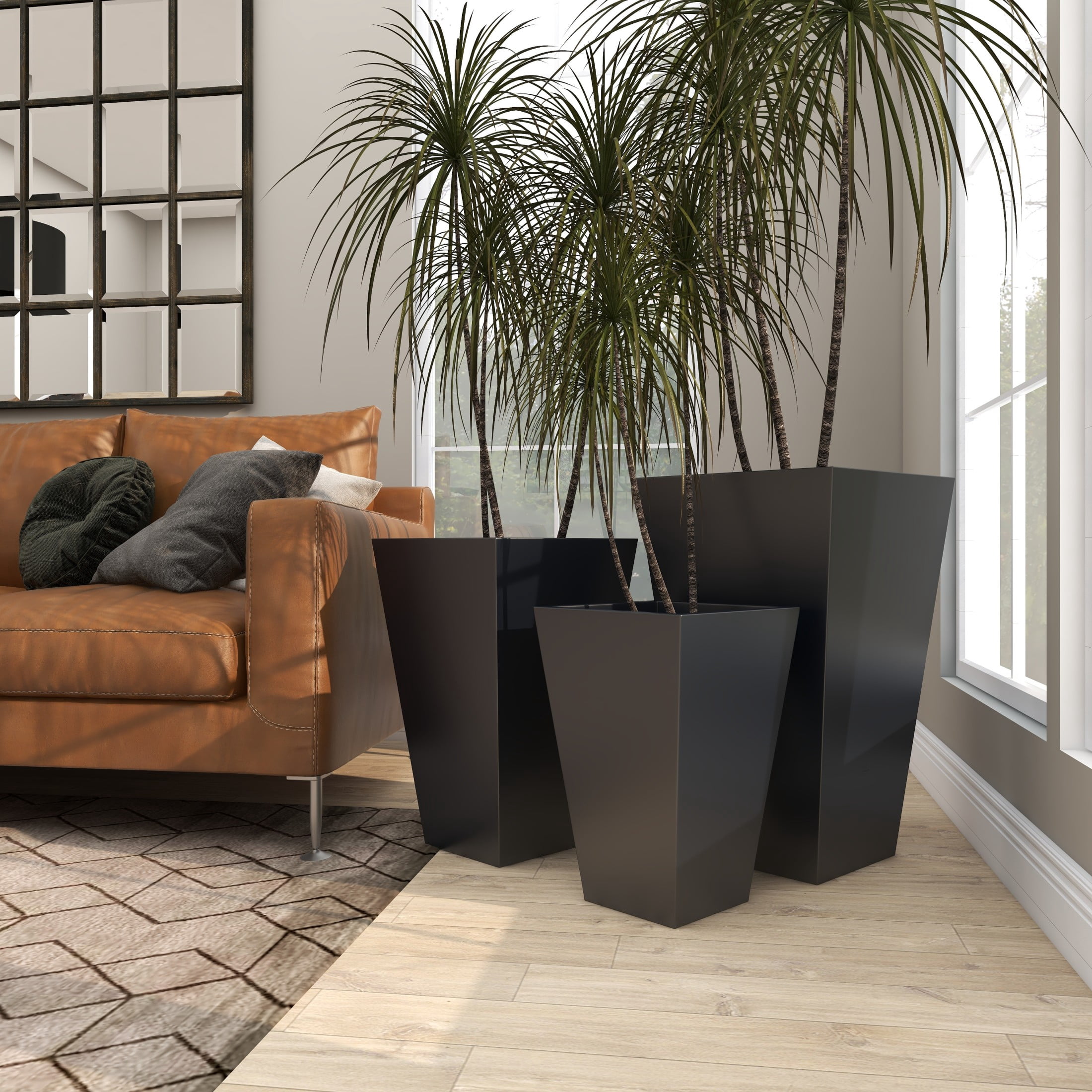 DecMode 17", 21", 25"H Light Weight Dark Gray Metal Geometric Planter with Tapered Base (3 Count)