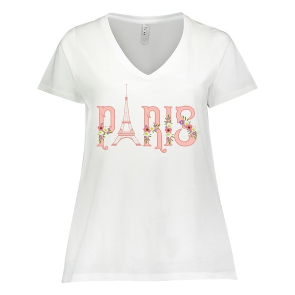 Inktastic Pink Paris Eiffel Tower with Flowers Women's Plus Size V-Neck T-Shirt