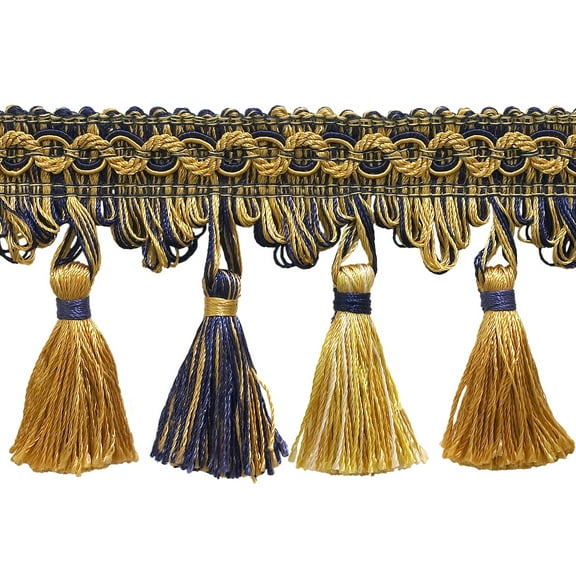 2 3/4" (7cm) Imperial Collection Scroll Gimp and Scalloped Loop Tassel Fringe Trim # NT2502,, Nautical Gold #1152 (Light Gold, Yellow Gold, Navy Blue) Sold By The Yard (36"/3 ft/0.9m)