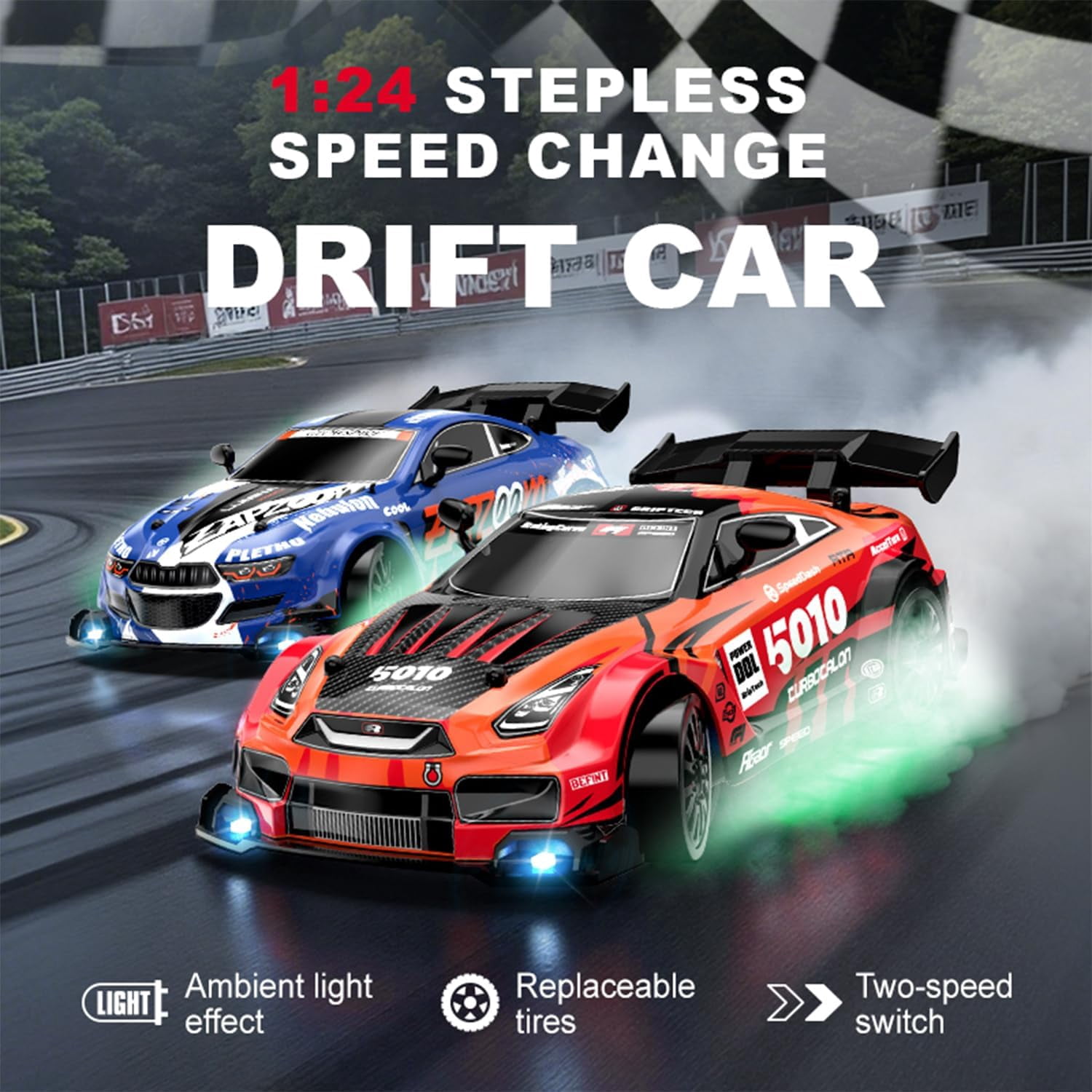 AIGIA RC Drift Car 1:24 Scale 30KM/H High Speed 4WD 2.4GHz Racing Sport Toy Car with LED Lights Racing and Drift Wheels