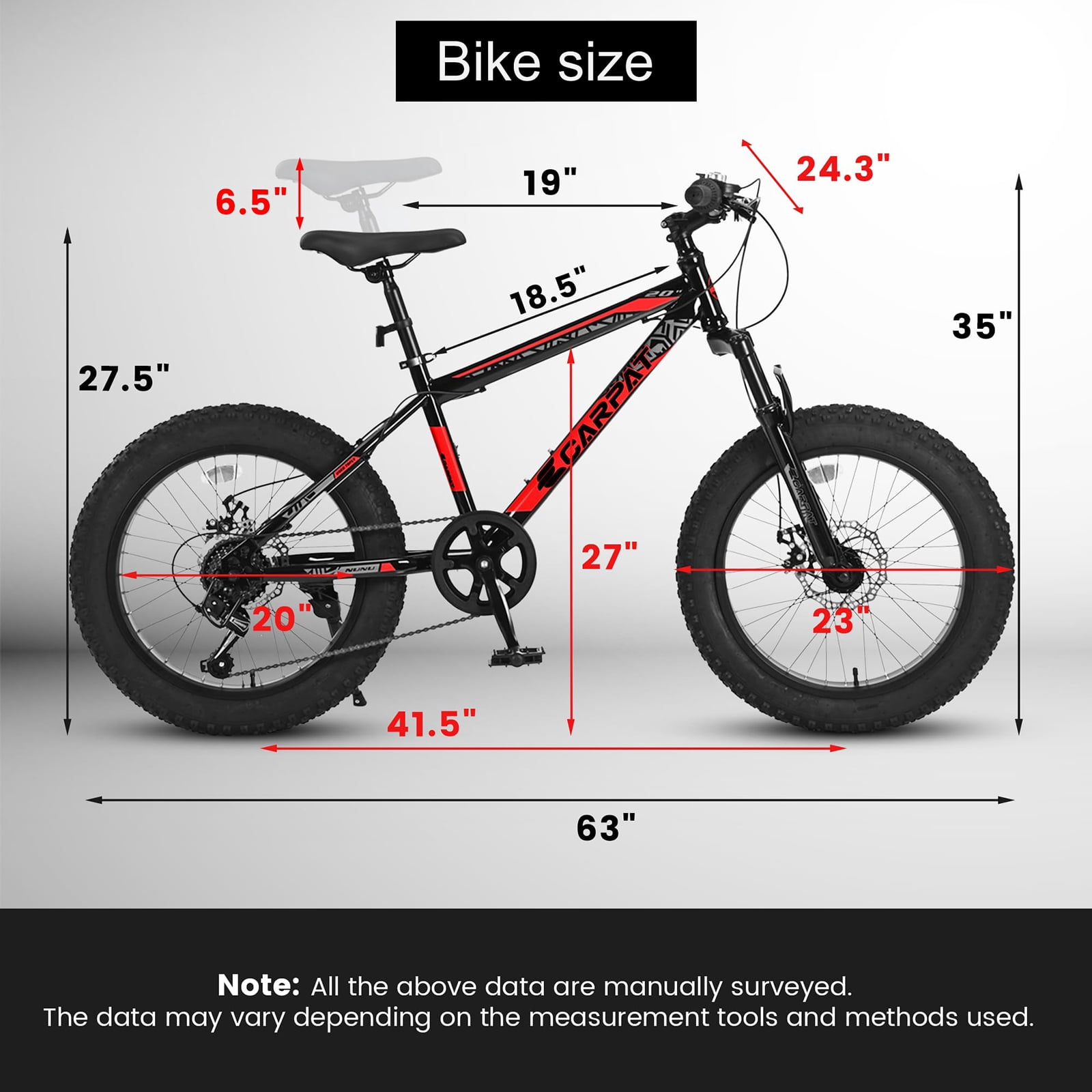 20 Inch Men-Lightweight Fat Tire Bike, High Carbon Steel Frame, Front Suspension, 7-Speed, Ideal for Snow and Off-Road Riding, Red