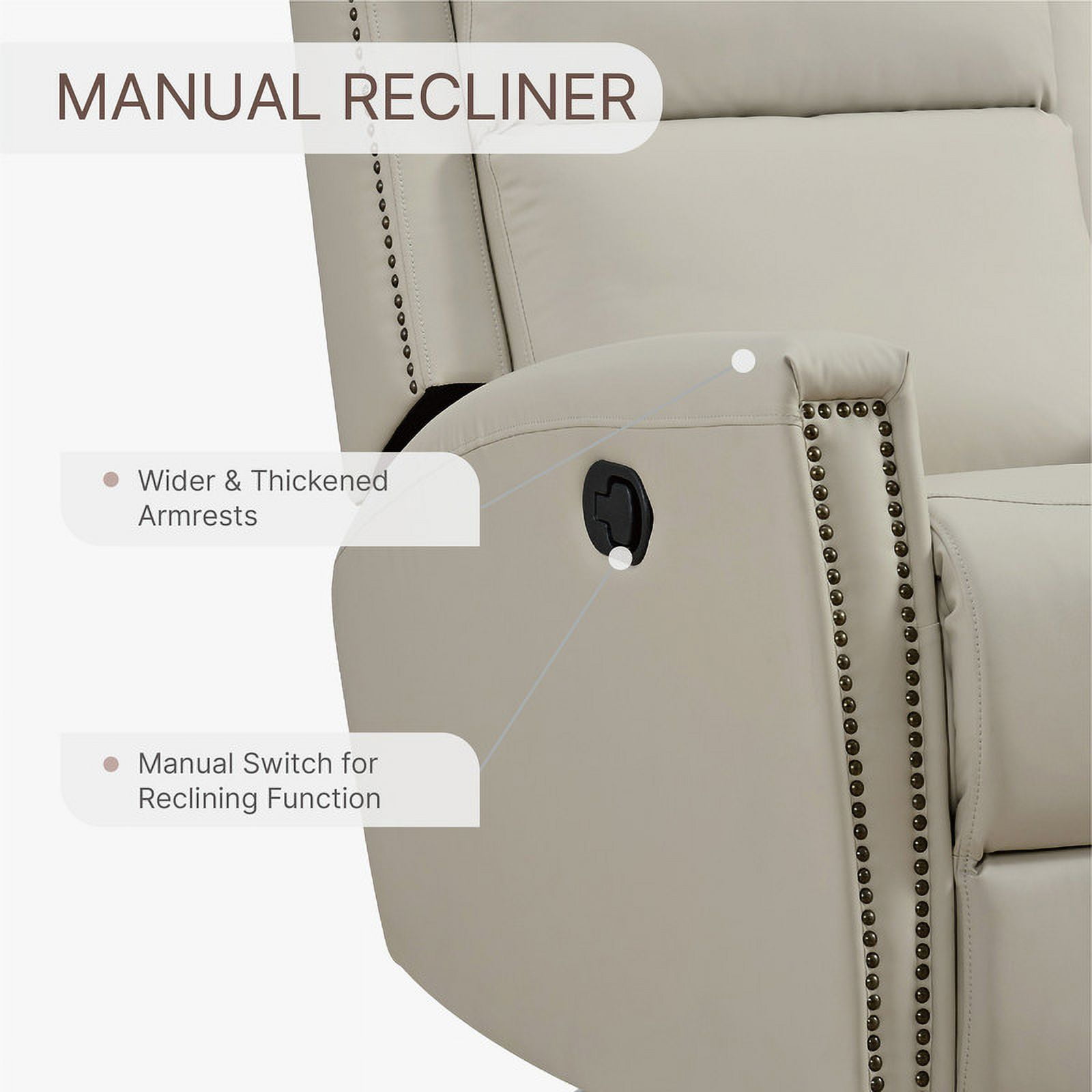CHITA Faux Leather Swivel Glider Recliner with Nailhead Trim, Nursery Chair, Beige