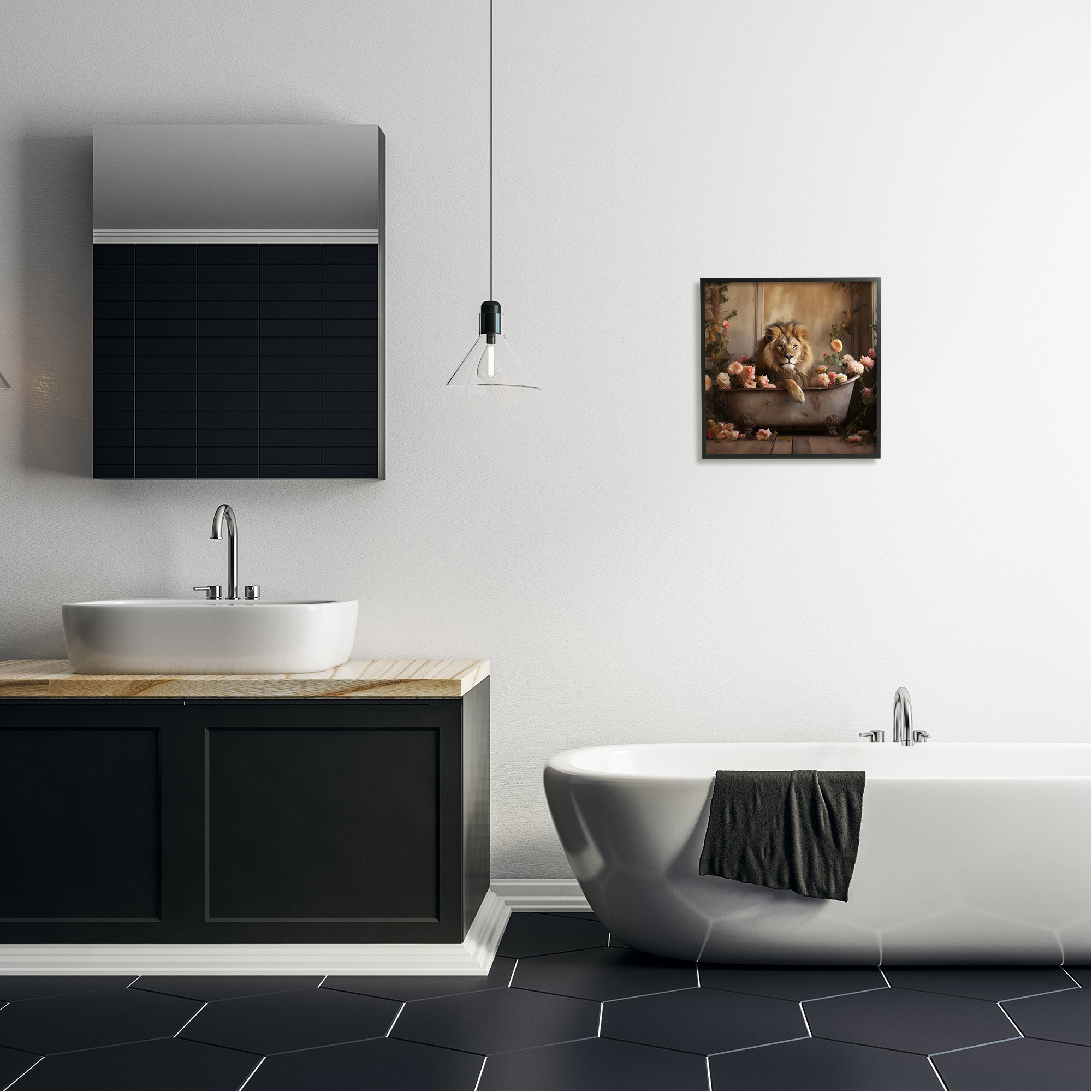 Stupell Industries Lion in Flower Filled Tub Animals & Insects Painting Black Framed Art Print Wall Art, 17 x 17