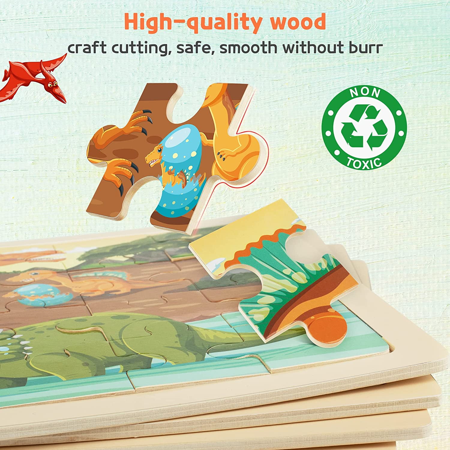 SYNARRY 4-in-1 Wooden Dinosaur Puzzles for Kids Ages 3-8, 24pcs Each, FSC Certified Educational Jigsaw Puzzle Set, Dinosaur Toys Gifts for 3 4 5 Year Old Boys Girls