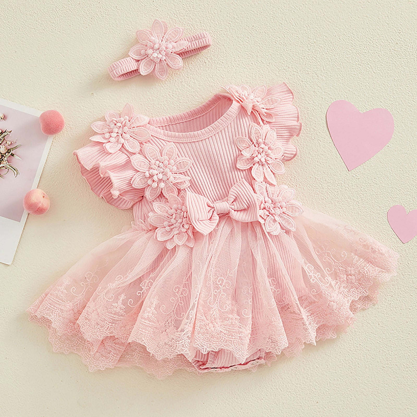 felwors Baby Girl Romper Dress Baby Dress Romper Flowers Lace Girl Spring Summer Clothes with Headband (12-18 Months, Red)