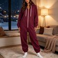 thumbnail image 5 of Women's Fleece Lined Hooded Jumpsuit Long Sleeve Zip Up One Piece Tracksuit Loose Fit Soft Warm Cozy Fall Winter Loungewear Y2K Streetwear with Pockets Wine, 5 of 7