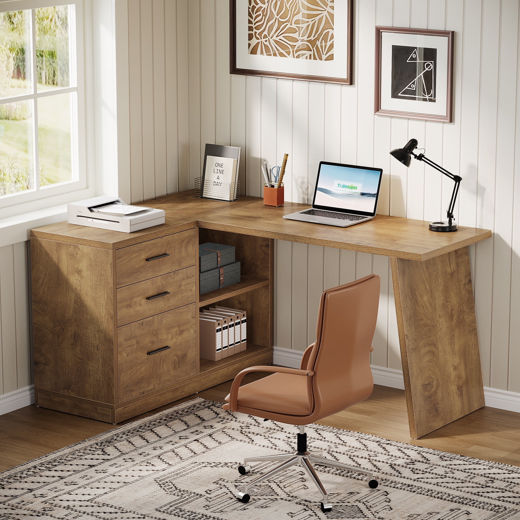 Tribesigns L Shaped Computer Desk with File Cabinet, Home Office Desk with Storage Shelves and 3 Drawers, Farmhouse Executive Workstation, Brown