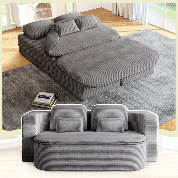 YWEN Convertible Sleeper Sofa, Modern Folding Futon Corduroy Floor Foam Compression Loveseat Sofa Bed Couch, Foldable Full Size Guest Bed with 4 Pillows for Living Room Bedroom Apartment, Grey