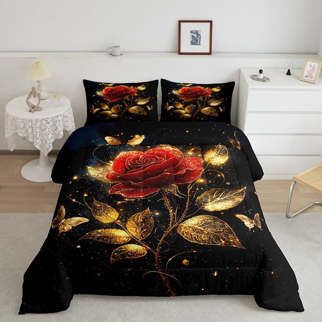 Erosebridal Golden Rose Bedding King Comforter Set, Butterfly Down Comforter, Romantic Flower Decor, Reversible 3 Pieces