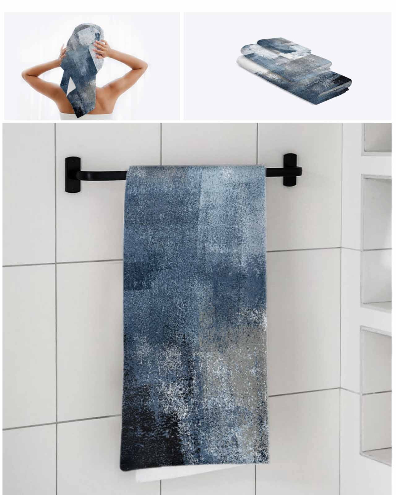 Blue Towel Set of 3, Soft Microfiber Bath Towels, Hand Towel, Washcloths, Retro Oil Painted Modern Abstract Art Quick-Dry Absorbent Towels for Bathroom Kitchen Hotel Beach Gym Spa