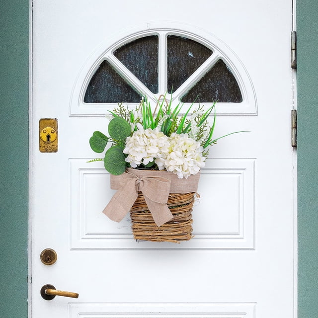 Jkkant Hydrangea Flower Basket Wreath, Rattan Bowknot Wall Hanging for Front Door, Farmhouse Spring Summer Decor