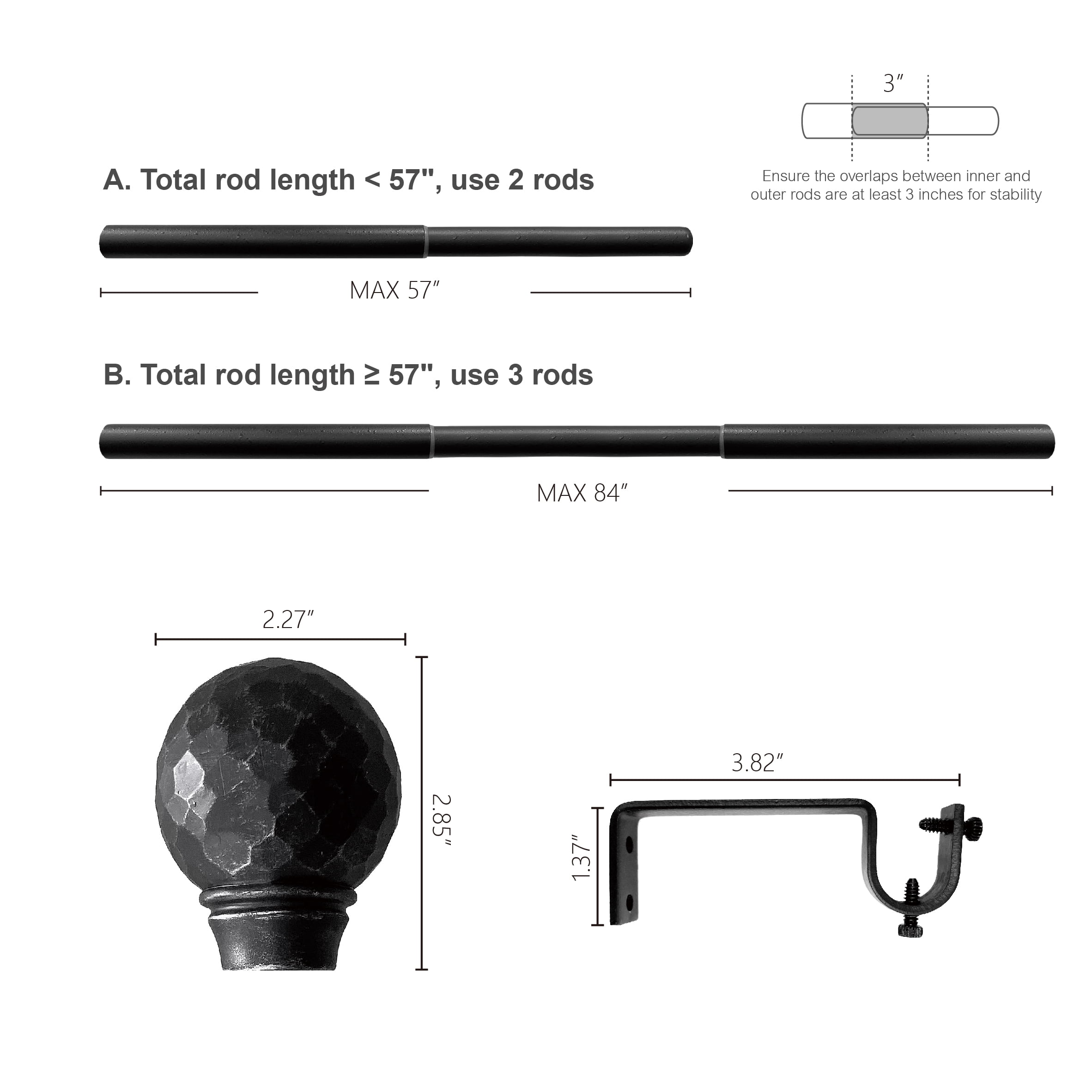 (2 pack) Mainstays 3/4" Textured Cast Iron Ball Single Curtain Rod, Matte Black, 30-84"