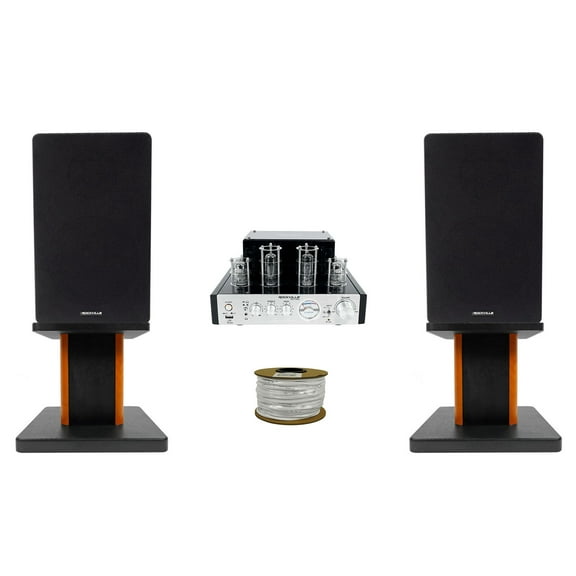 Rockville BluTube Tube Amplifier+6.5" Black Bookshelf Speakers+8" Wood Stands + Rockville BLUE 14G50 OFC 14 Gauge 50 Foot 100% Copper Speaker Wire