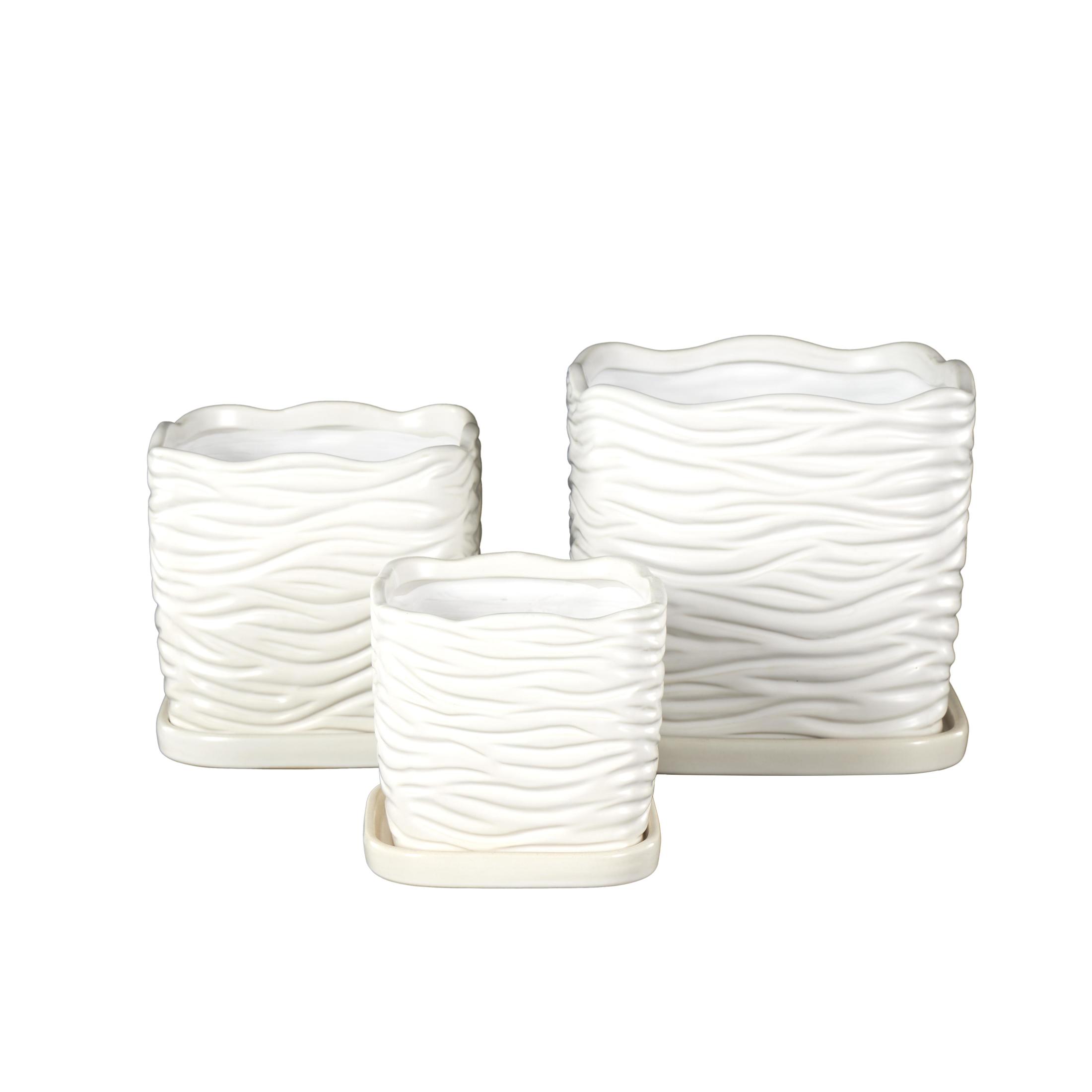 DecMode 7",6",5"H Wavy Ribbed White Ceramic Planter with Attached Saucer (3 Count)