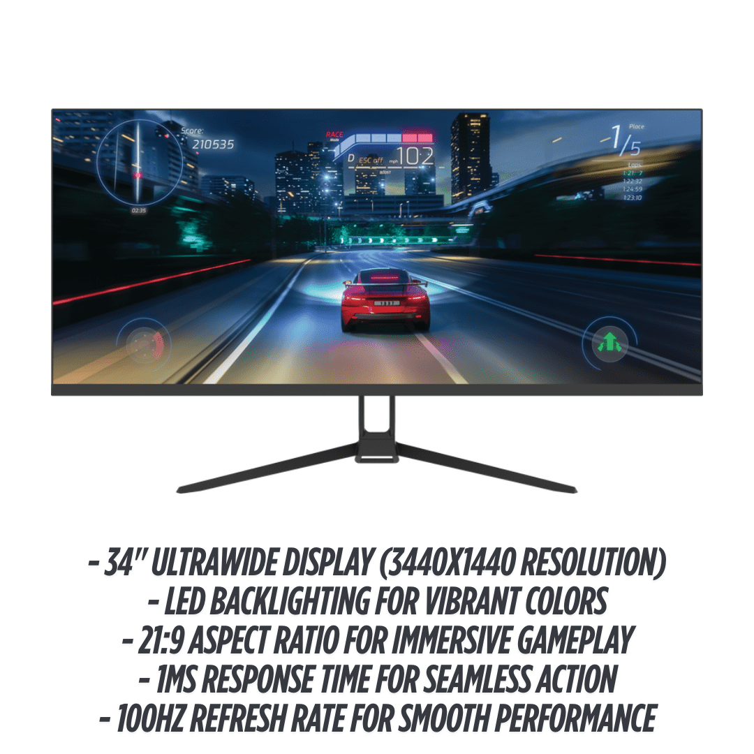 ViewGlow 34" Gaming Monitor, 3440x1440 LED, 1ms Response Time, 100Hz Refresh Rate, Computer Monitor Flat