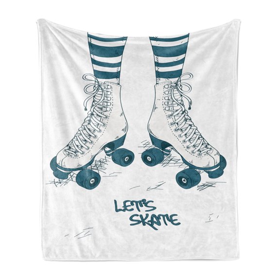 Retro Soft Flannel Fleece Blanket, Girl's Legs in Stripes Stockings and Retro Roller Skates Fun Teen Illustration Print, Cozy Plush for Indoor and Outdoor Use, 50" x 70", Teal White, by Ambesonne