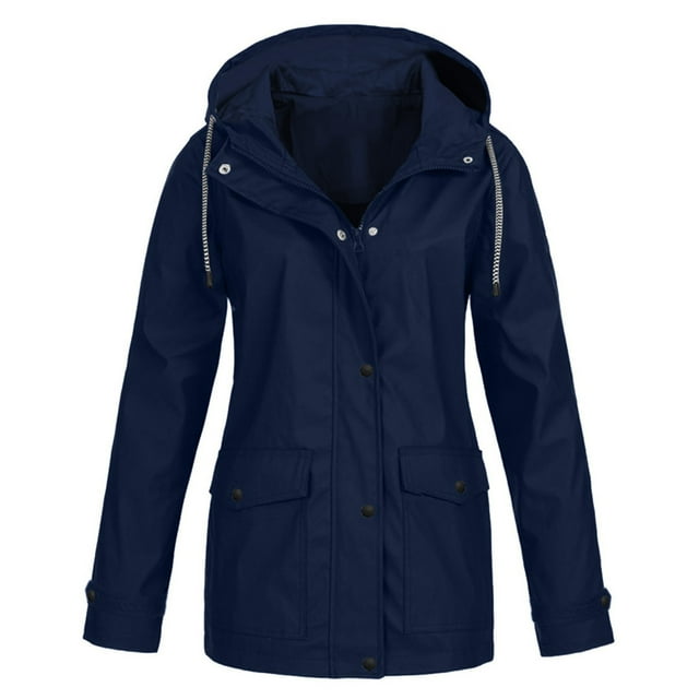 CEHVOM Women Solid Rain Jacket Outdoor Plus Size Waterproof Hooded Raincoat Windproof Clearance