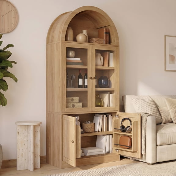 Mintazer Arched Top Tall Storage Cabinet, Display Bookcase with Glass Doors & 5-Tier Shelves, Farmhouse Freestanding Hutch for Living Room Dining Room Study, Natural