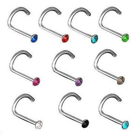 Pixnor 20pcs Titanium Steel  Nose Screw Studs Rhinestone Crystal ring Gem Piercing Bars for Parities or