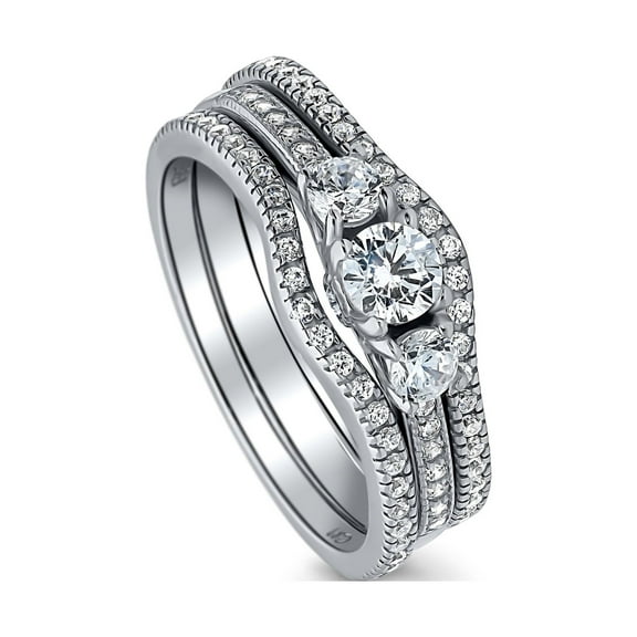 BERRICLE Sterling Silver 3-Stone Wedding Engagement Rings 0.25 Carat Round Cut Cubic Zirconia CZ Wishbone Ring Set for Women, Rhodium Plated Size 8