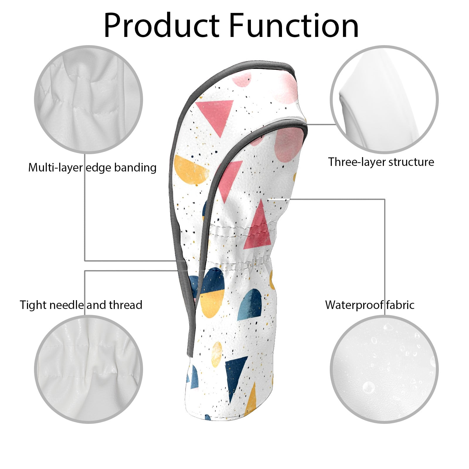 Golf Club Covers, White Colorful Geometry Premium PU Leather Driver Hybrid Putter Head Covers with Velvet Lining, Waterproof Golf Gifts for Men Women