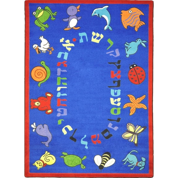 Joy Carpets Kid Essentials ABC Animals (Hebrew Alphabet) 5'4" x 7'8" Area Rug in Color Blue