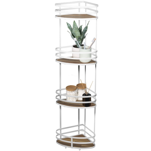 Esquinero Para Baño Estante Organizador Mueble Para Baño 4 Niveles Metalico Blanco Madera Acacia
