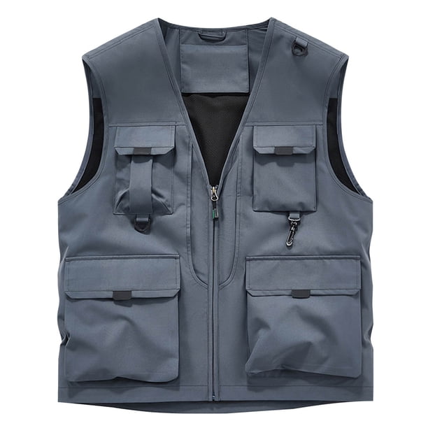 V Cuello Tanque sin Mangas Chaqueta de Trabajo Color Sólido Multi Bolsillo Abrigo para los Hombres, Moda Casual Chaleco de Utilidad