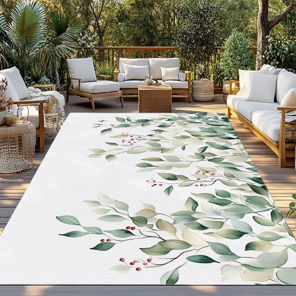 Outdoor Rug, Watercolor Eucalyptus Leaves Berries Indoor Area Rug Outdoor Carpet RV Camping Rugs 3x5ft Green Plant Outside Mat for Patio Picnic Porch Deck Balcony Backyard