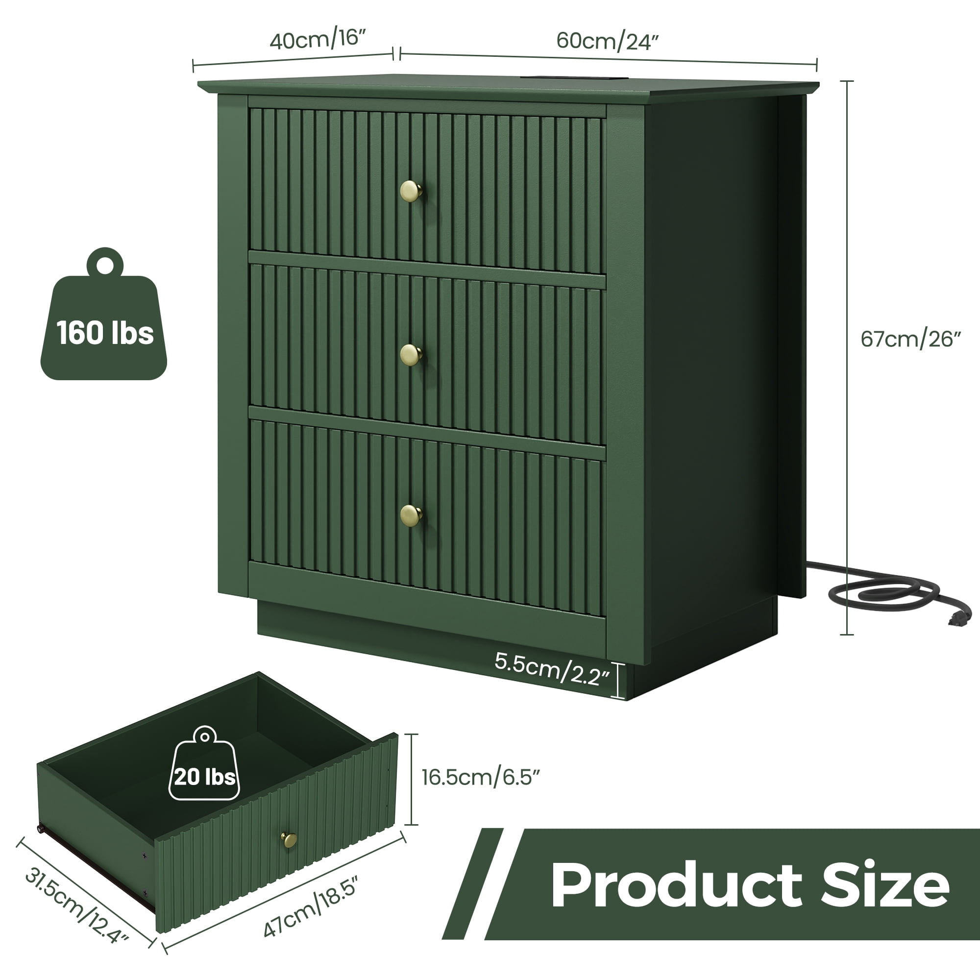 IDEALSOUL Nightstand Set of 2, 24" Wide End Table with Storage, Fluted Nightstand with USB Charging Station, Large 3 Drawers nightstand for Bedroom Living Room(2pc, Green)