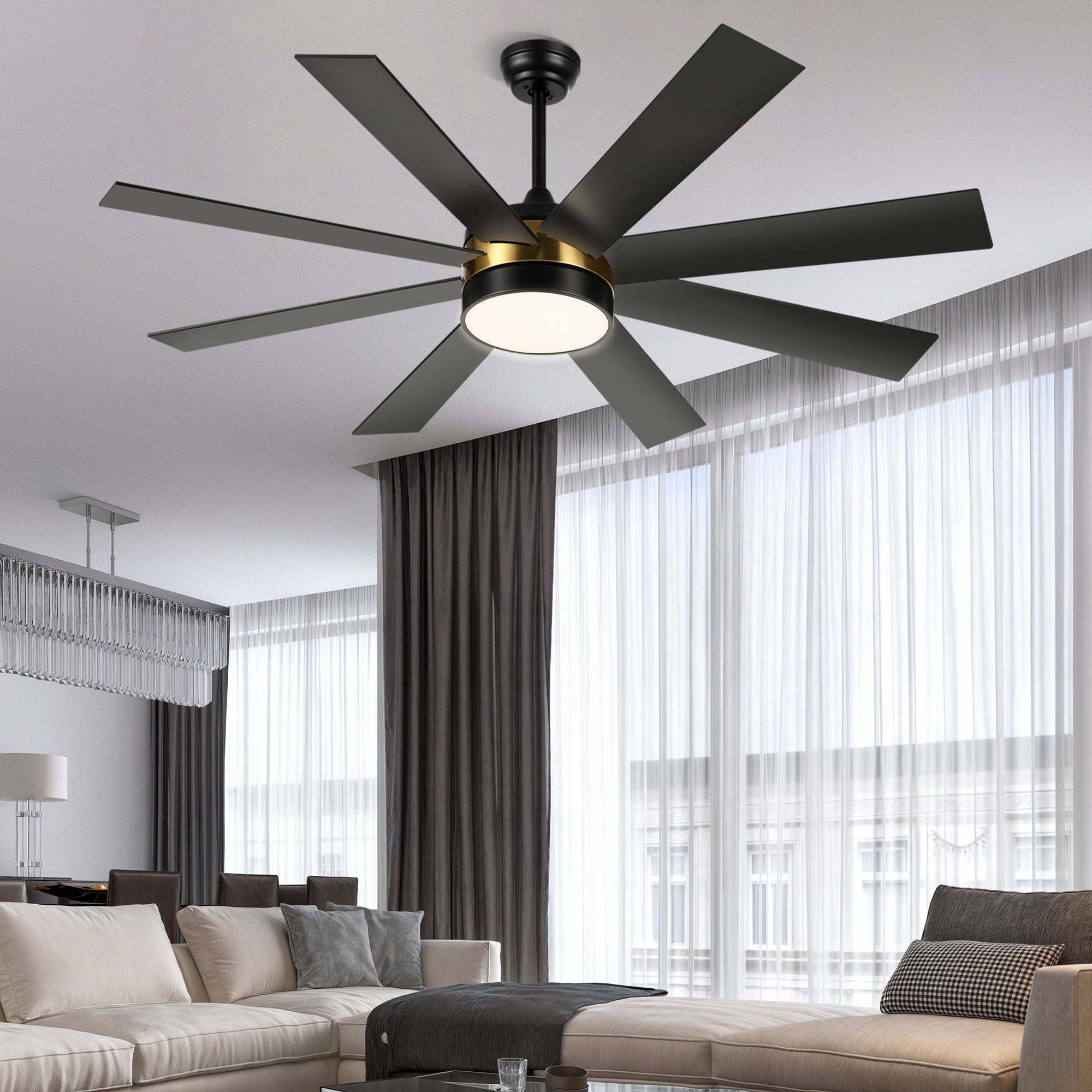 Dextrus 60 inch Modern Black Ceiling Fan with Light and Remote, DC Fanlight for Livingroom, Bedroom, 8 Blades, Reverse Airflow,6 Speeds, 3 Color Temperatures - Black & Gold