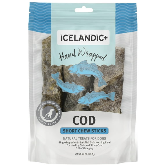 Icelandic Cod Skin 5" Short Hand Wrapped Dog Chew Stick, 3-Pack, 2.8-oz Bag