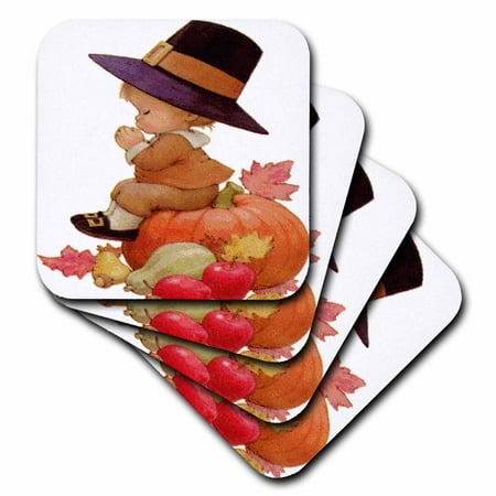 

3dRose Vintage Pilgrim Boy on Pumpkin Soft Coasters set of 8
