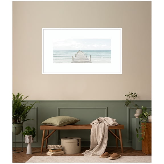 Kate and Laurel Framed Wall Art Print Wooden Pier On The Beach by Amy Peterson, 41 x 24, Svelte White Frame, Coastal, Beach Art for Wall Decor