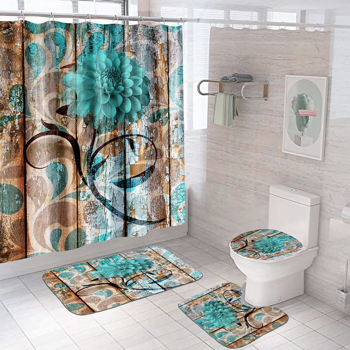4PCS Set Bathroom Shower Curtain w/12Hooks Bath Mat Anti Slip Rug Toil 