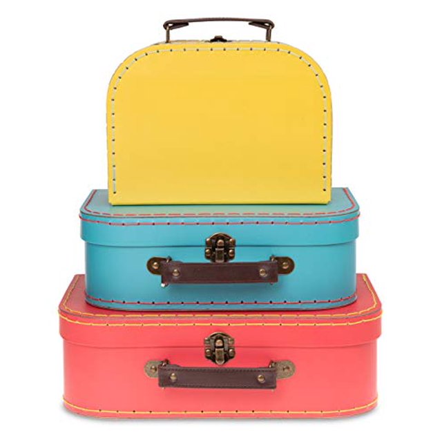 Jewelkeeper Paperboard Suitcases, Set of 3 – Nesting Storage Gift Boxes for Birthday Wedding Easter Nursery Office Decoration Displays Toys Photos – R