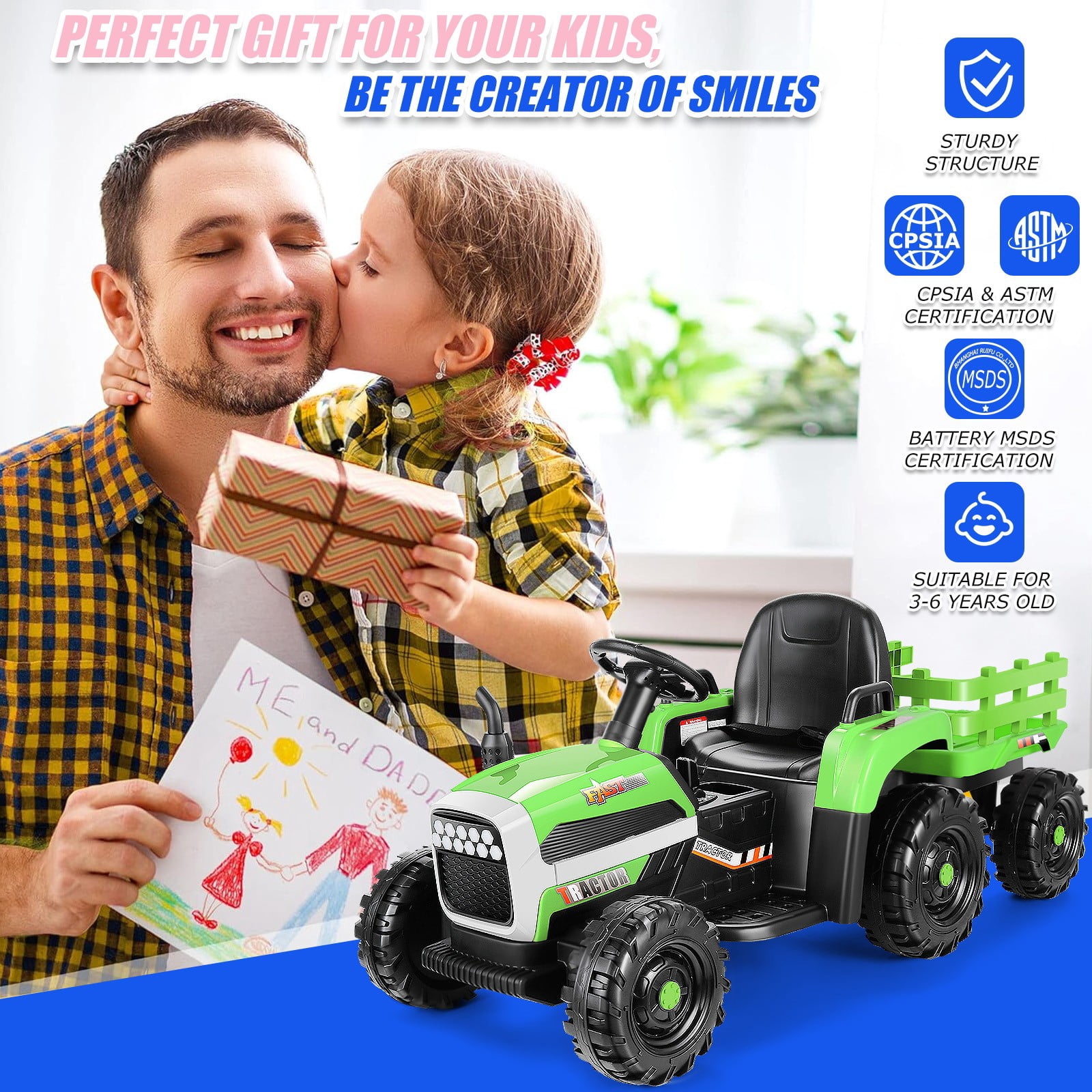 Funcid 12V Kids Ride on Tractor with Trailer 7AH Battery Powered Tractor Electric Car for Toddler, Ride on Toys Motorized Vehicle with Parents Remote Control, Bluetooth, 3 Speeds, 11-LED Lights Green