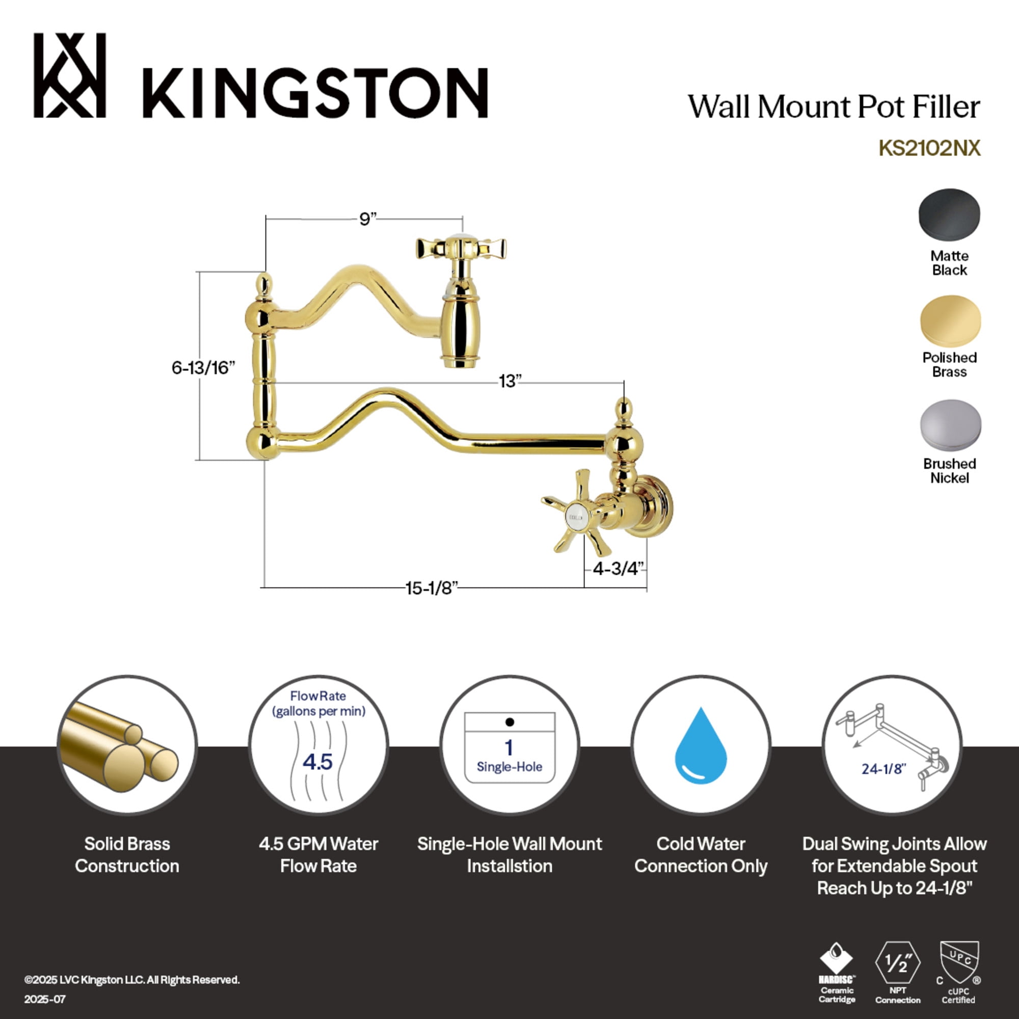 Kingston Brass KS2100NX Hamilton Two-Handle 1-Hole Wall Mount Pot Filler Faucet in Matte Black